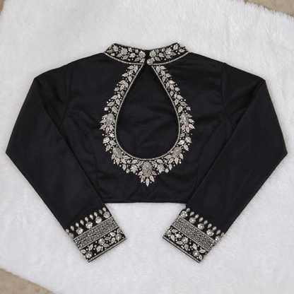 Black Silk Embroidered High Neck Keyhole Back Designer Blouse with Full Sleeves