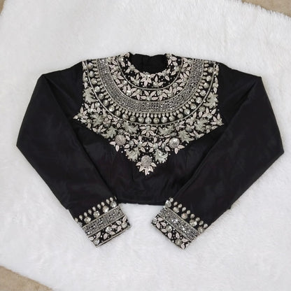 Black Silk Embroidered High Neck Keyhole Back Designer Blouse with Full Sleeves