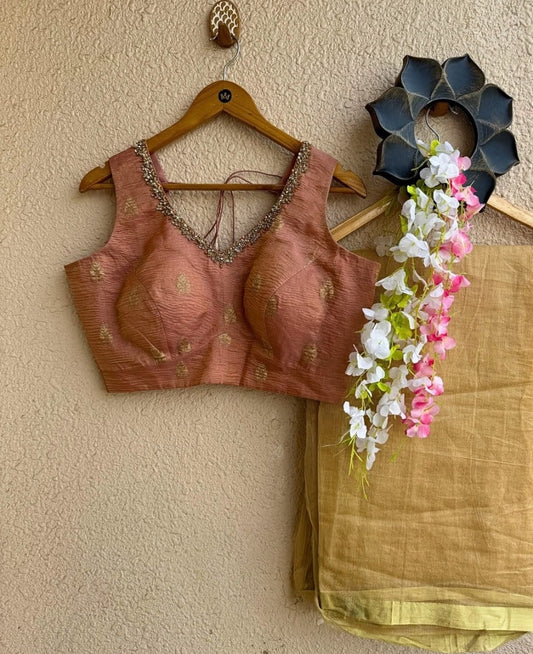 Peach Silk Sleeveless Padded Saree Blouse with Beaded V-Neck & Tassel Tie-Up Back