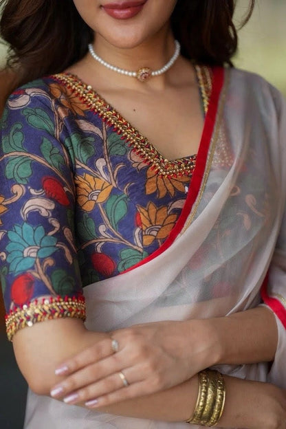 Kalamkari Inspired Elbow Sleeve Blouse for Women