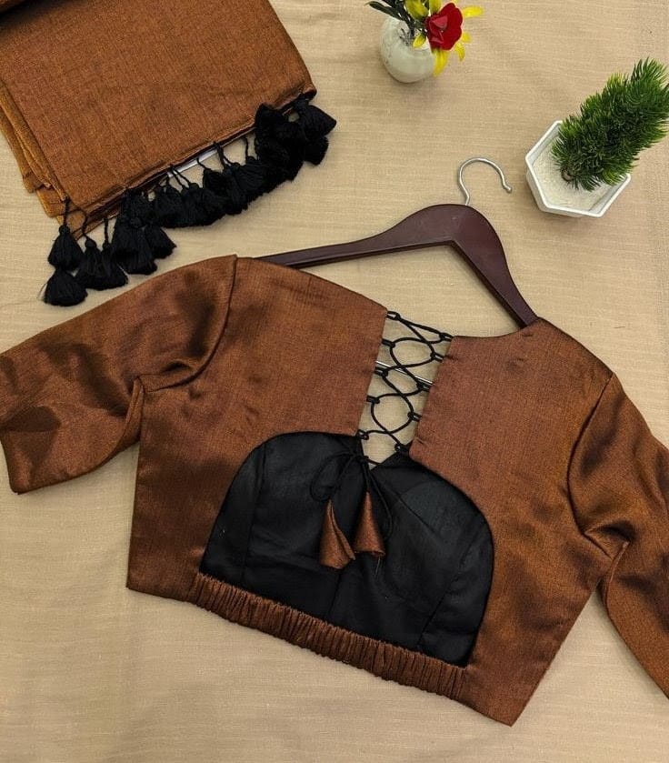 Rust Brown Silk Blouse with Net Back & Criss-Cross Tie Design