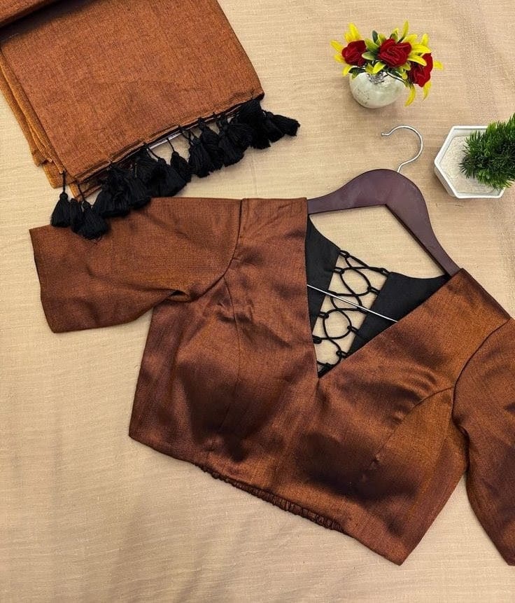 Rust Brown Silk Blouse with Net Back & Criss-Cross Tie Design