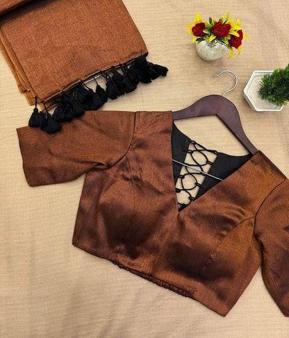 Rust Brown Silk Blouse with Net Back & Criss-Cross Tie Design