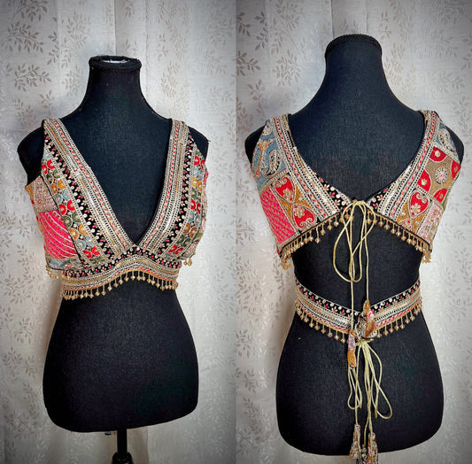 Embellished Ethnic Mirror Work Backless Blouse with Tie-Up Detail