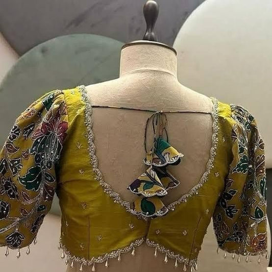 Stylish Mustard Yellow Silk Designer Blouse with Printed Puff Sleeves & Tassel Back