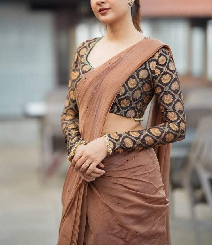 Elegant Brown Printed Full Sleeve Designer Blouse for Women
