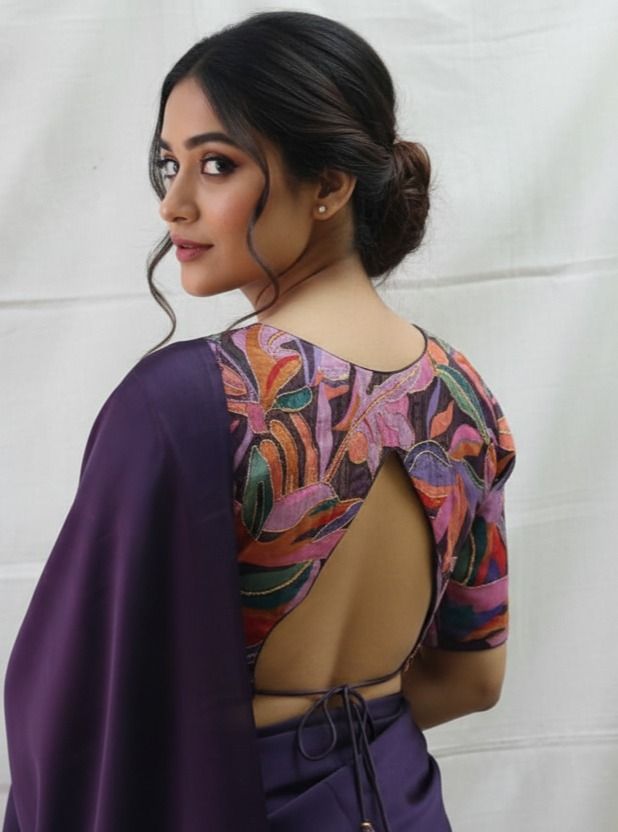 Purple Floral Printed V-Neck Designer Blouse for Women