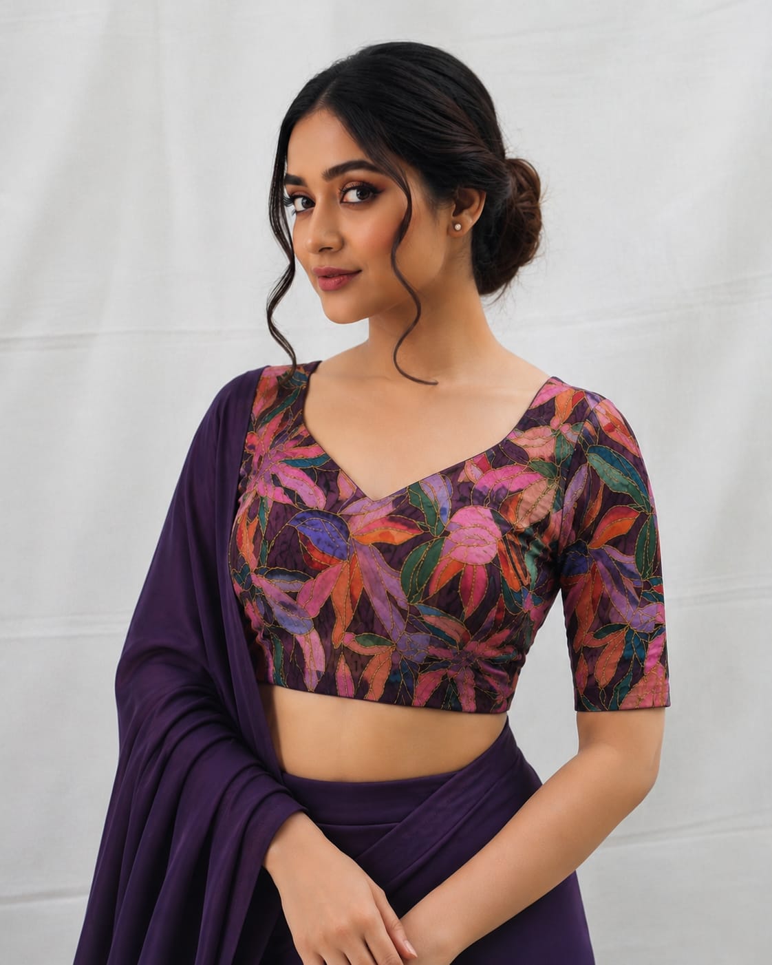 Purple Floral Printed V-Neck Designer Blouse for Women