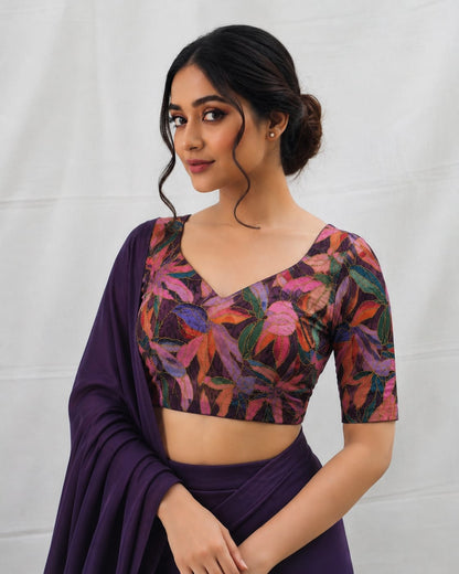 Purple Floral Printed V-Neck Designer Blouse for Women