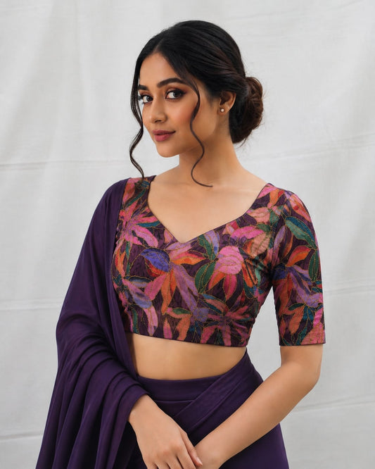 Purple Floral Printed V-Neck Designer Blouse for Women