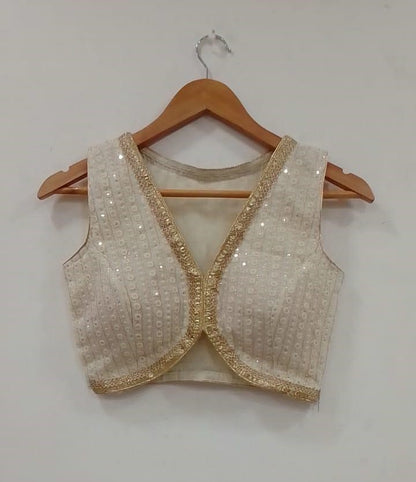 Off White Sequin Embroidered Sleeveless Readymade Blouse for Women