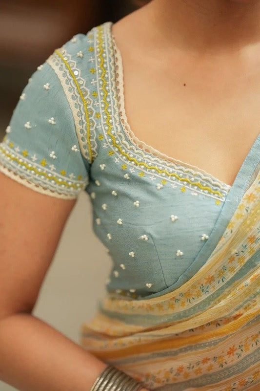 Pastel Blue Embroidered Cotton Silk Blouse