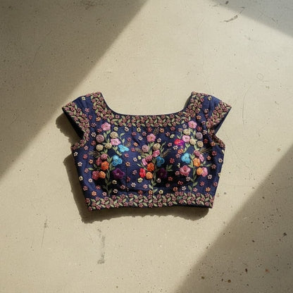 Navy Blue Floral Embroidered Designer Blouse for Women