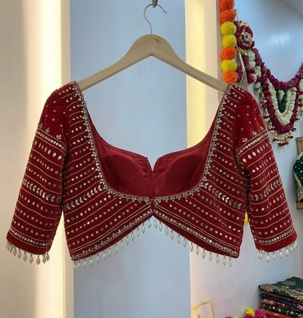 Bridal Red Velvet Blouse with Mirror Work & Pearl Drop Hem