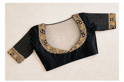 Black Silk Blouse with Sheer Embellished Yoke & Antique Gold Embroidery